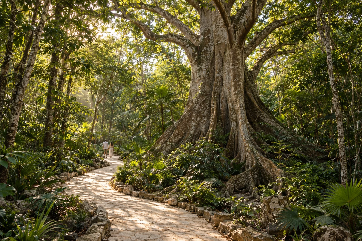 A limestone path among trees with two people walking through the forest.